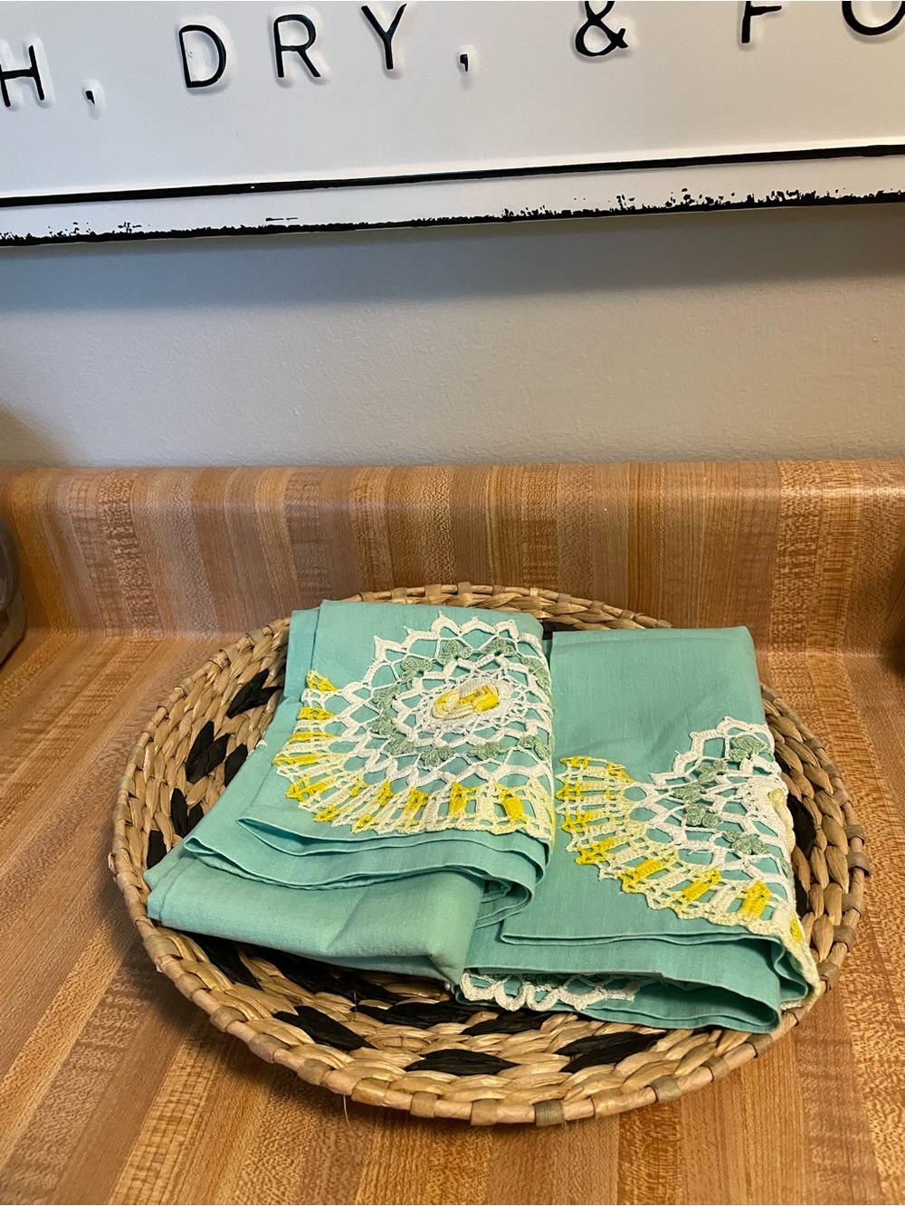 Vintage Aqua Sheets with White Crochet and Yellow Embroidery
